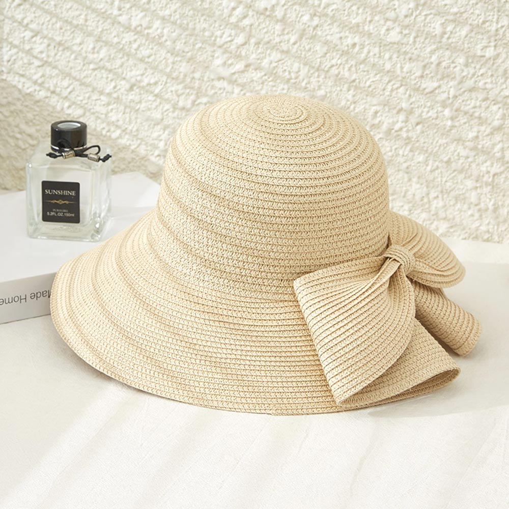 HATEGORY Big Bow Accented Straw Bowler Sun Hat