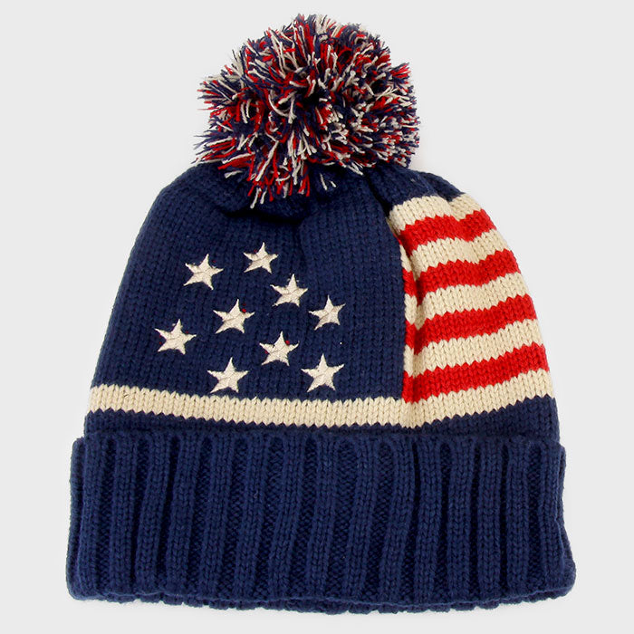 HATEGORY American Flag Knit Pom Pom Beanie Hat