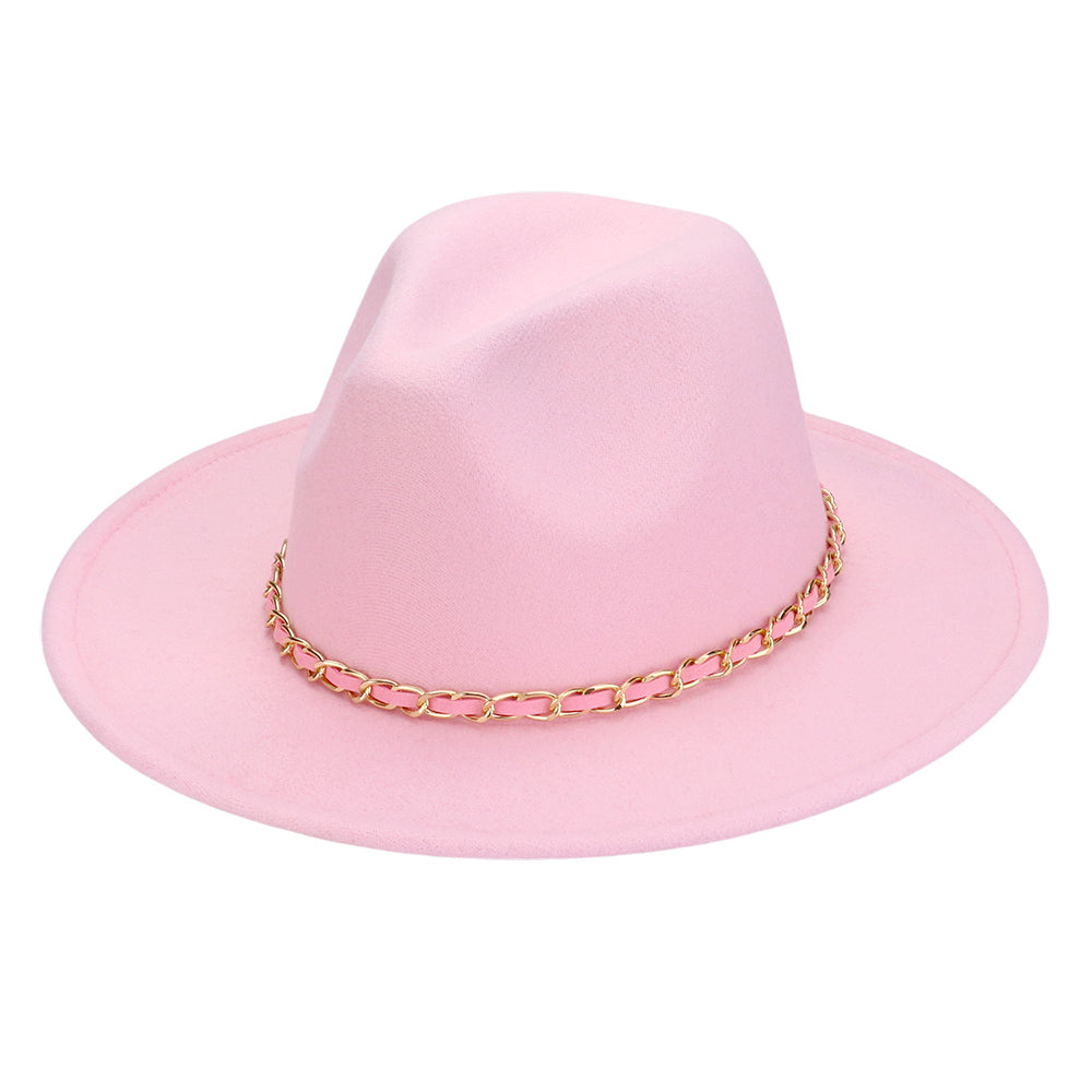 HATEGORY Faux Leather Braided Chain Band Pointed Fedora Hat