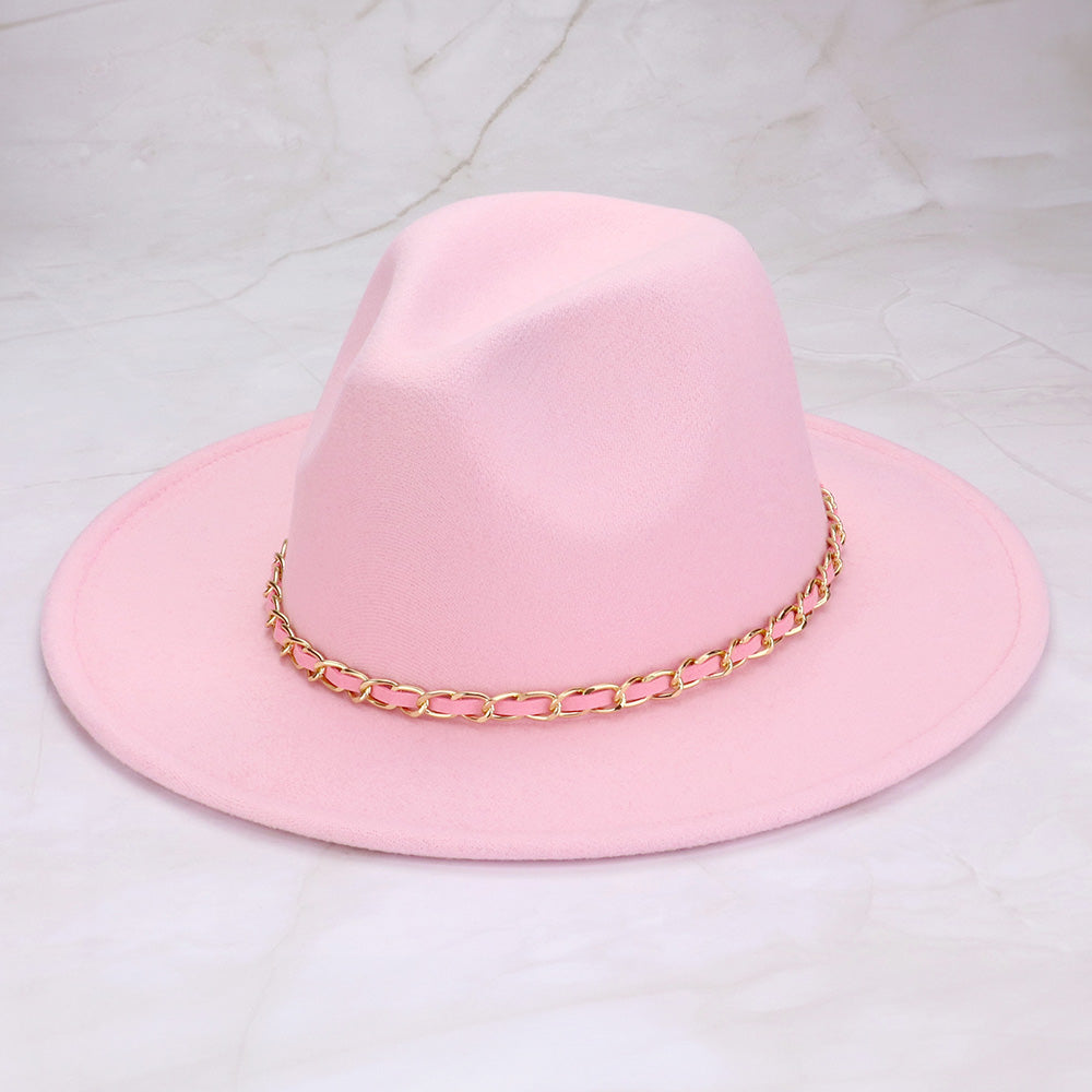 HATEGORY Faux Leather Braided Chain Band Pointed Fedora Hat