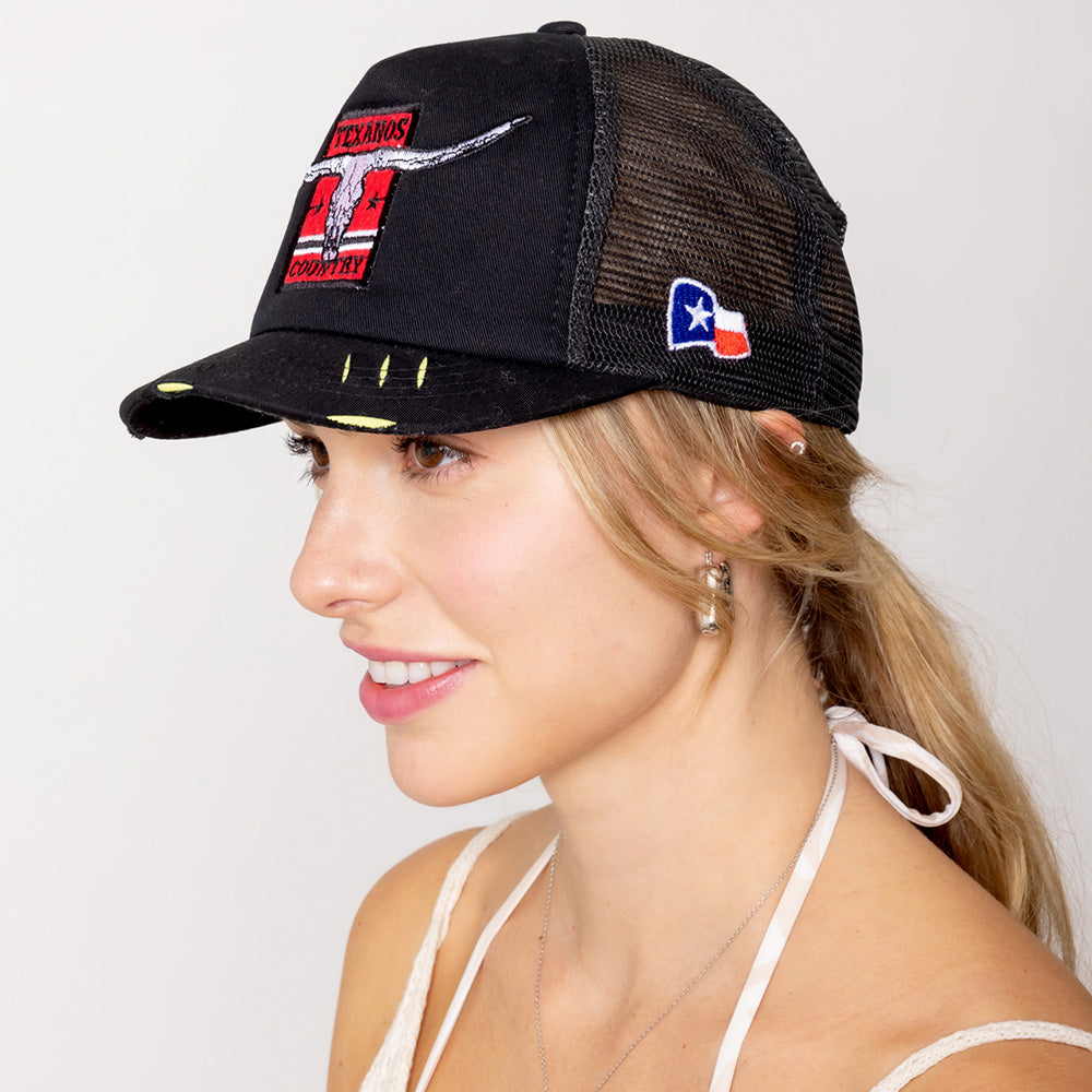 HATEGORY TEXANOS COUNTRY Message Texas Steer Head Embroidered Mesh Back Trucker Hat