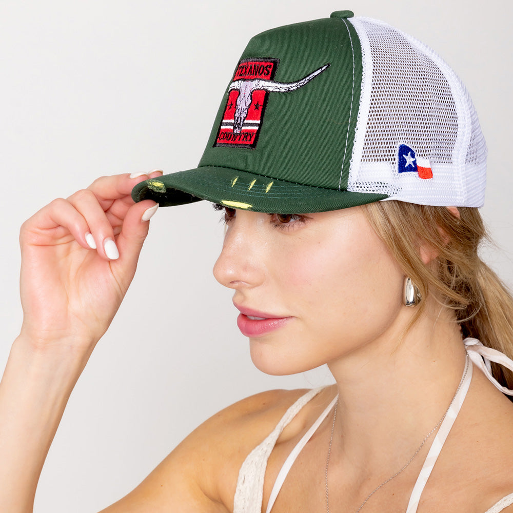 HATEGORY TEXANOS COUNTRY Message Texas Steer Head Embroidered Mesh Back Trucker Hat