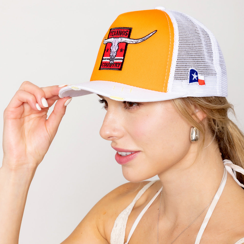 HATEGORY TEXANOS COUNTRY Message Texas Steer Head Embroidered Mesh Back Trucker Hat