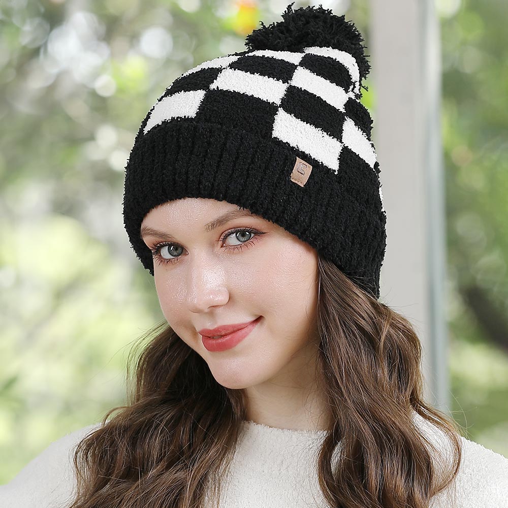 HATEGORY Checkered Beanie with Pom Pom