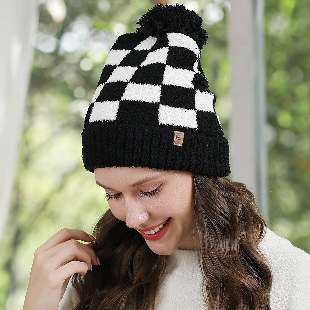 HATEGORY Checkered Beanie with Pom Pom