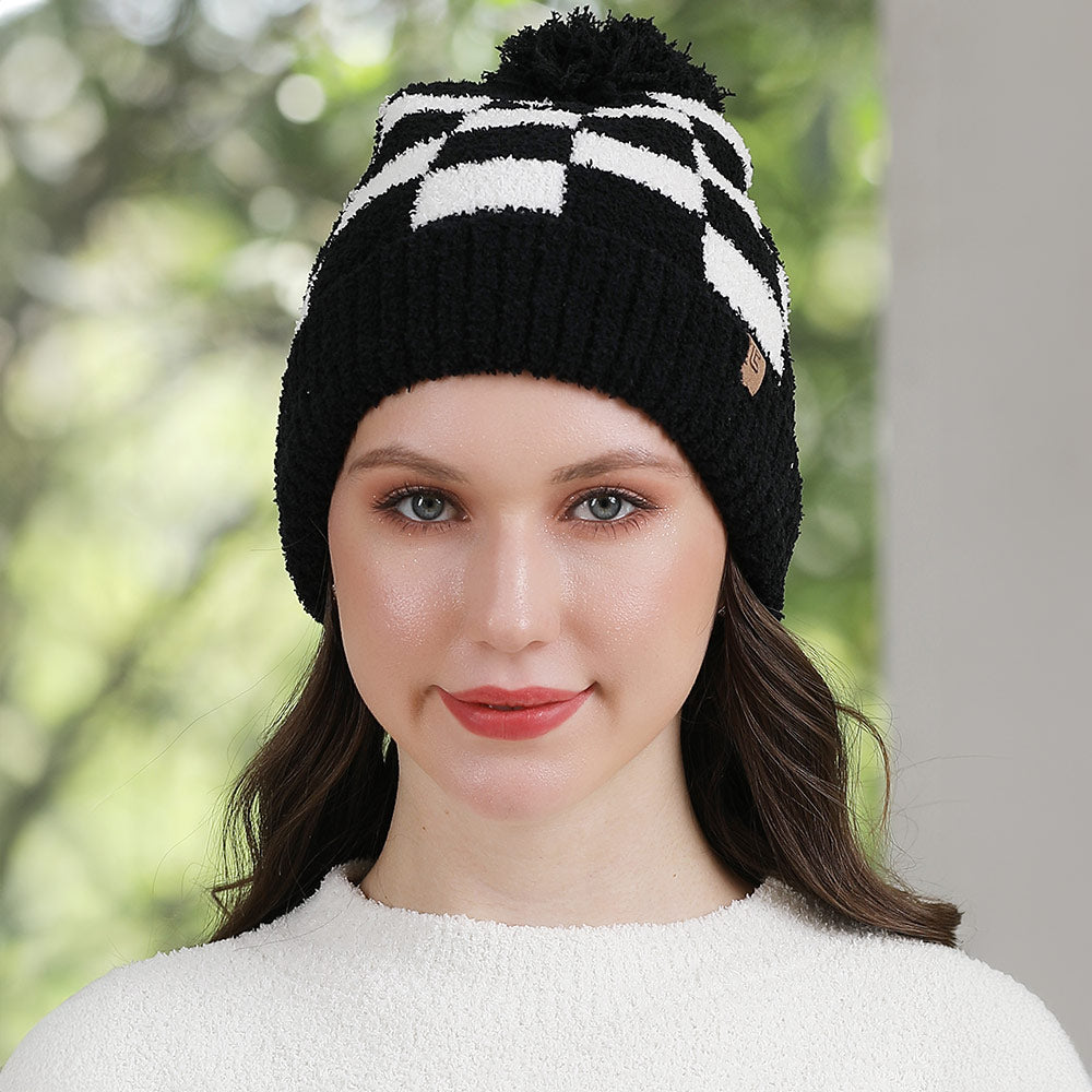 HATEGORY Checkered Beanie with Pom Pom