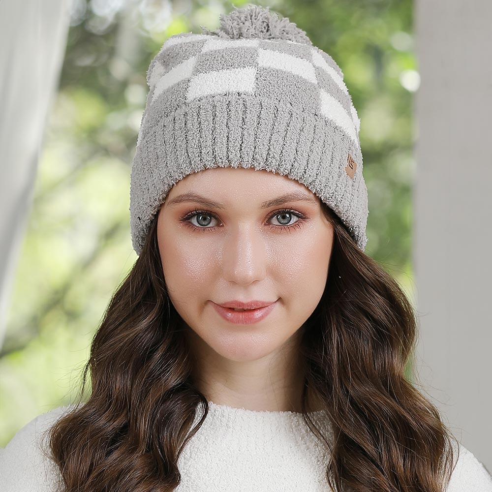 HATEGORY Checkered Beanie with Pom Pom