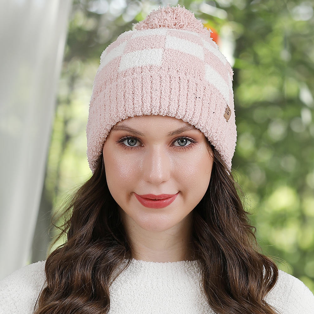 HATEGORY Checkered Beanie with Pom Pom