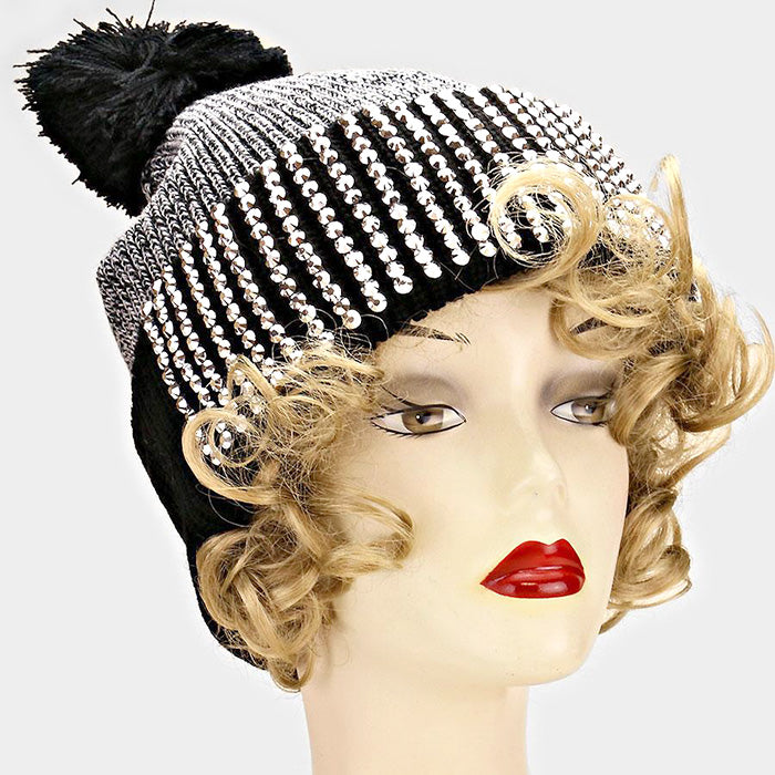 HATEGORY Studded Bling Pom Pom Beanie