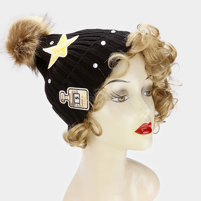 HATEGORY Sequin perfume & star _ patch beanie hat with pom pom