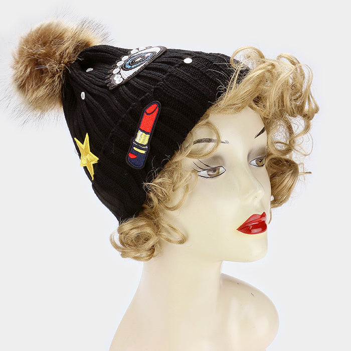 HATEGORY Sequin big eye & embroidered lipstick _ patch beanie hat with pom pom