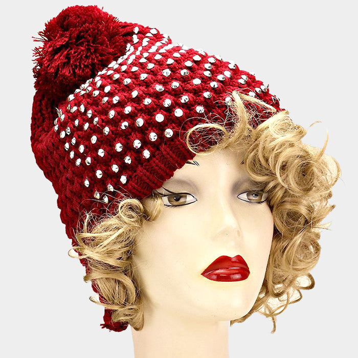 HATEGORY Studded Acrylic Pom Beanie