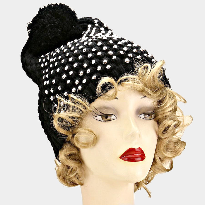 HATEGORY Studded Acrylic Pom Beanie