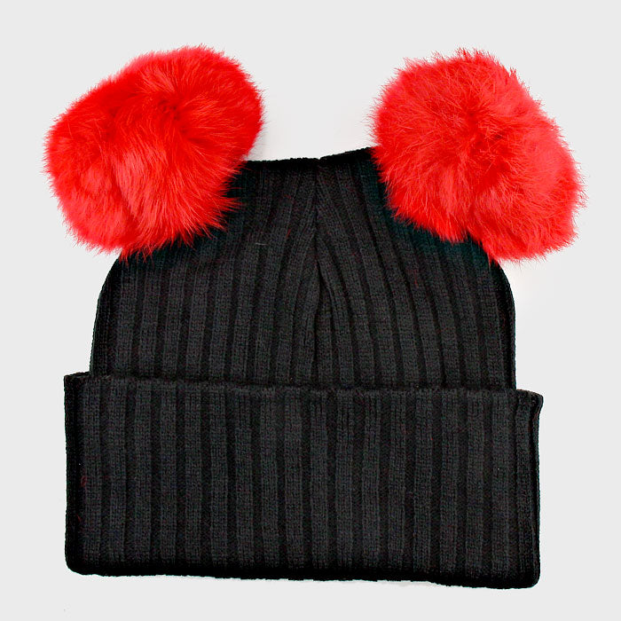 HATEGORY Double Pom Pom Fur Beanie Hat