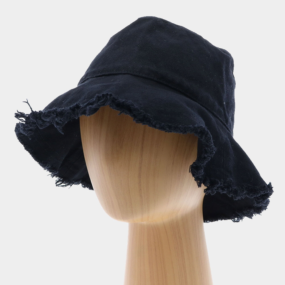 HATEGORY Frayed Trim Cotton Bucket Hat