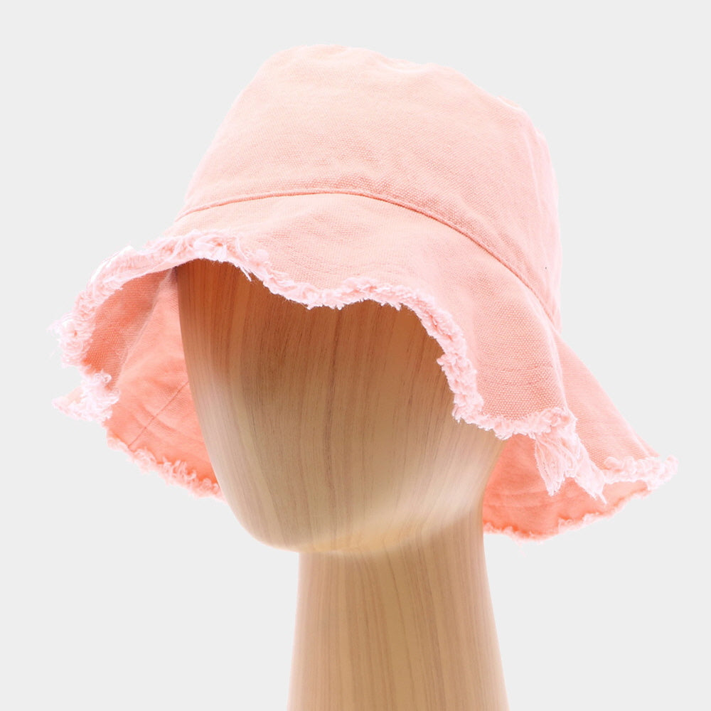 HATEGORY Frayed Trim Cotton Bucket Hat