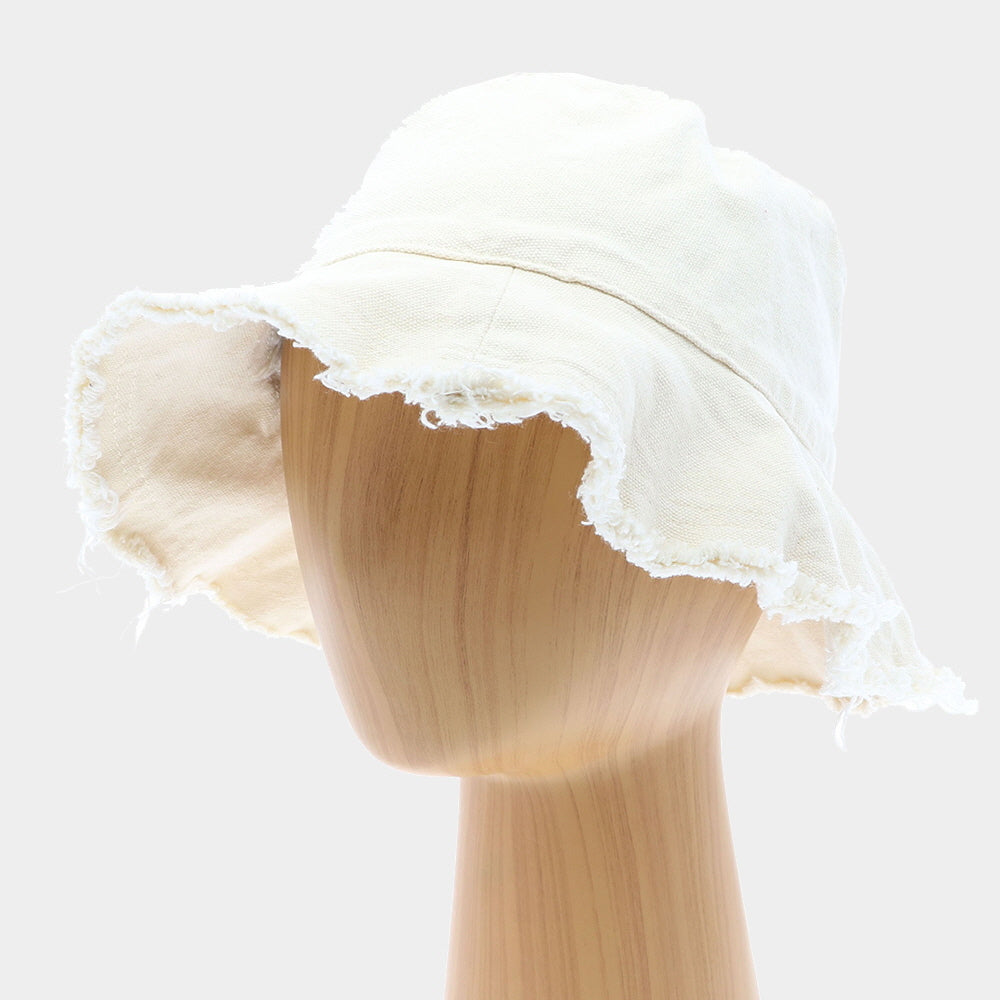 HATEGORY Frayed Trim Cotton Bucket Hat