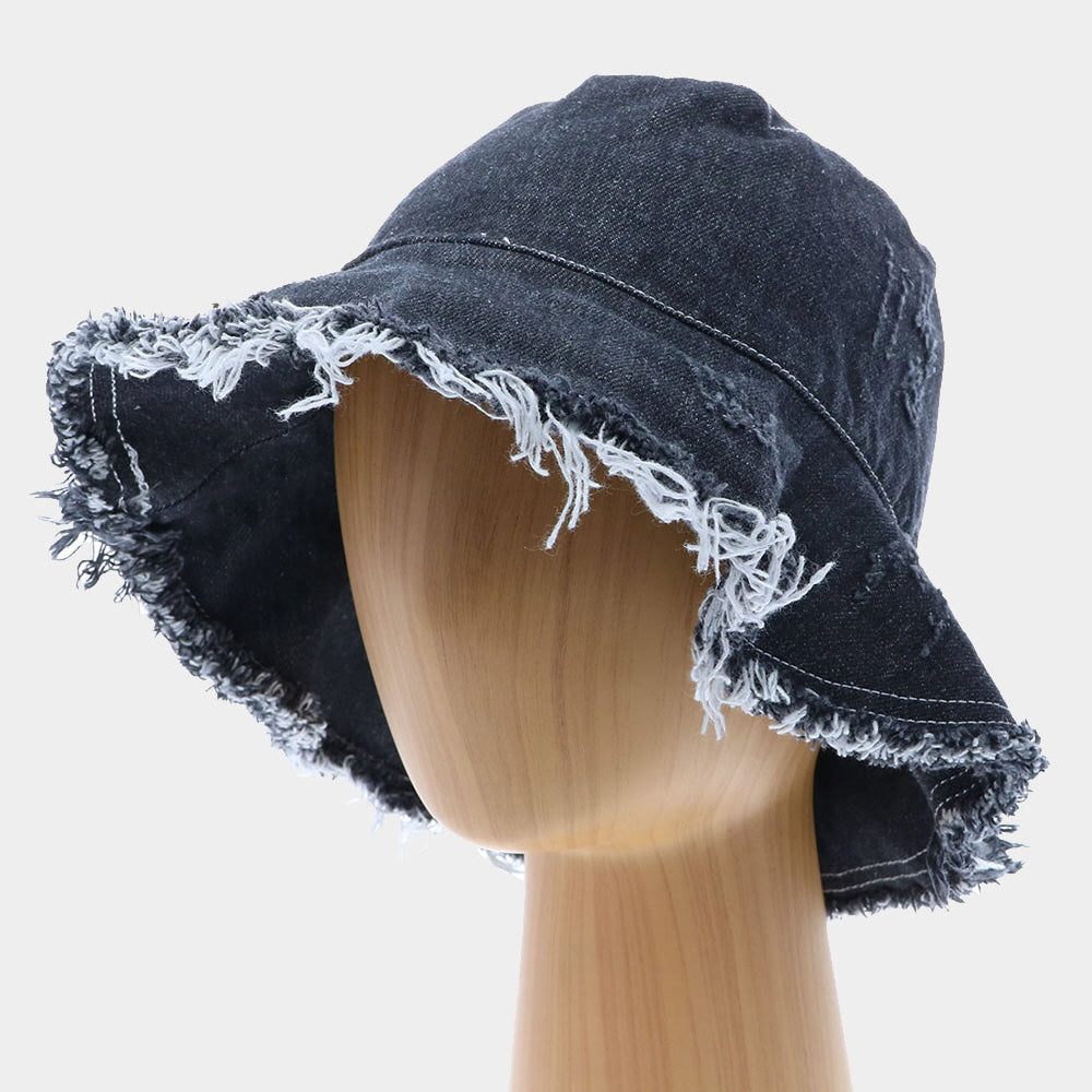 HATEGORY Frayed Trim Denim Bucket Hat