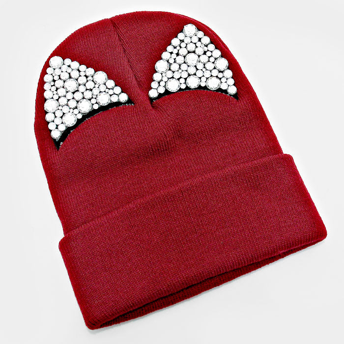 HATEGORY Bling Crystal Studded Cat Ear Fold Over Knit Beanie Hat
