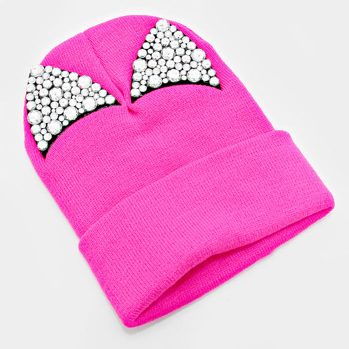 HATEGORY Bling Crystal Studded Cat Ear Fold Over Knit Beanie Hat