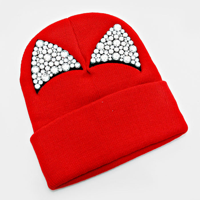 HATEGORY Bling Crystal Studded Cat Ear Fold Over Knit Beanie Hat