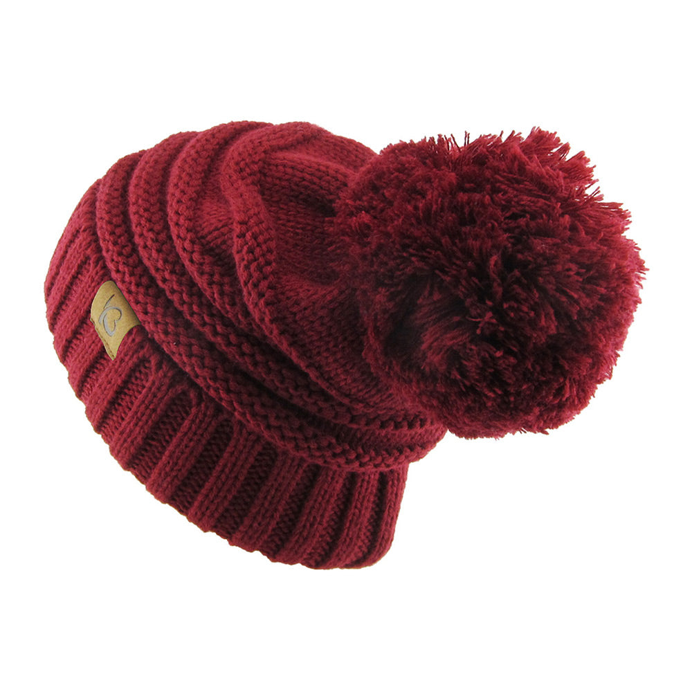 HATEGORY Cable Knit Ribbed Chunk Pom Pom Beanie Hat