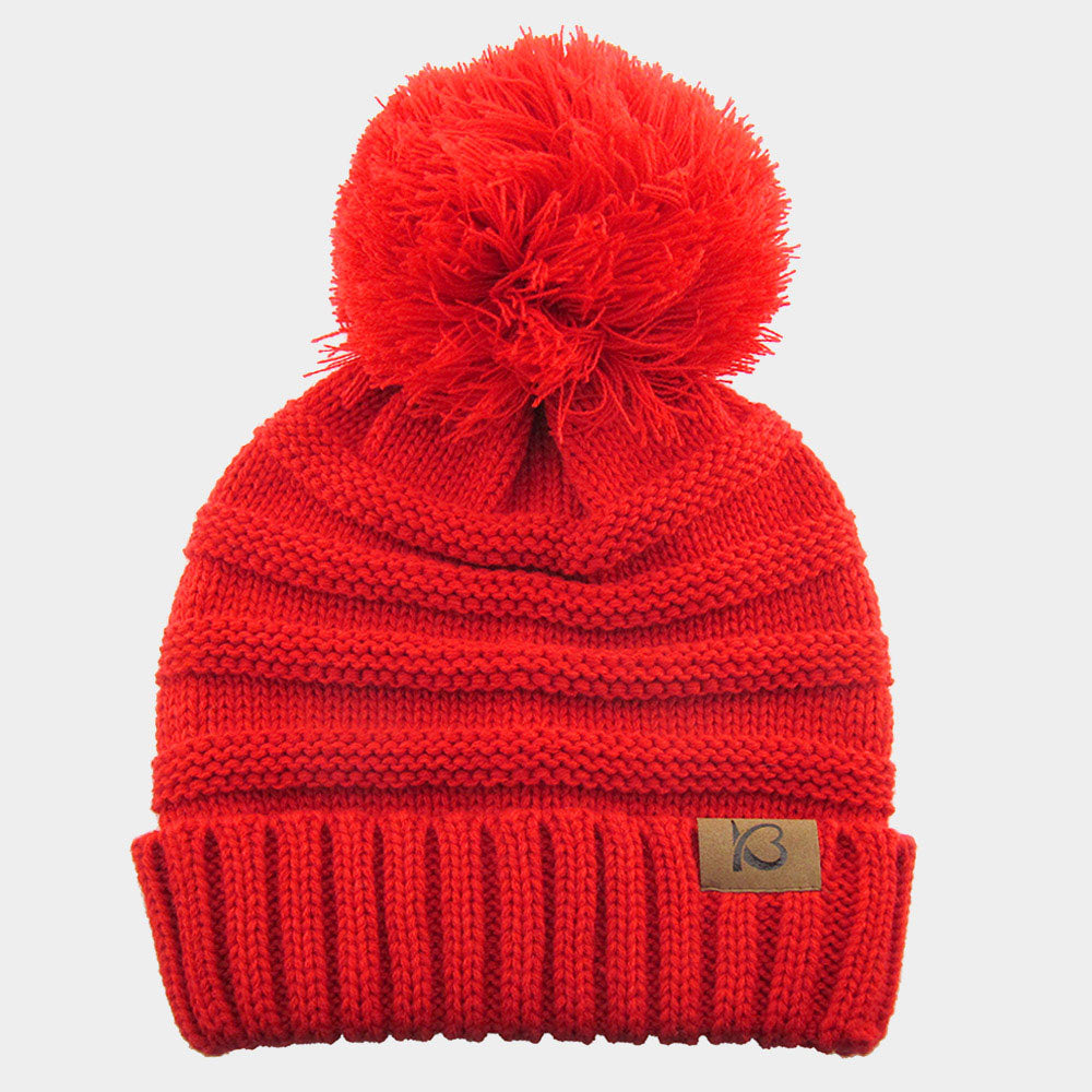 HATEGORY Cable Knit Ribbed Chunk Pom Pom Beanie Hat