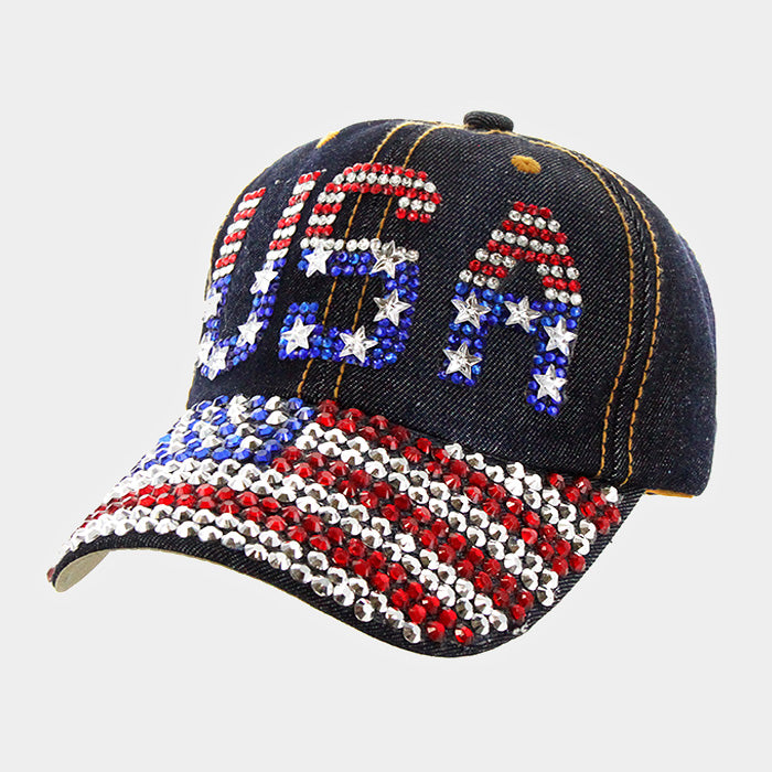 HATEGORY Bling Studded American USA Flag USA Denim Baseball Cap
