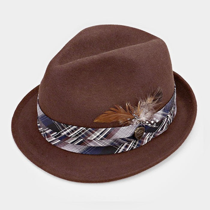 HATEGORY Feather & Striped Ribbon Wool Fedora