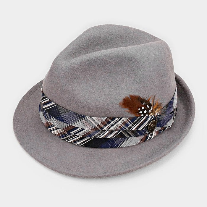 HATEGORY Feather & Striped Ribbon Wool Fedora