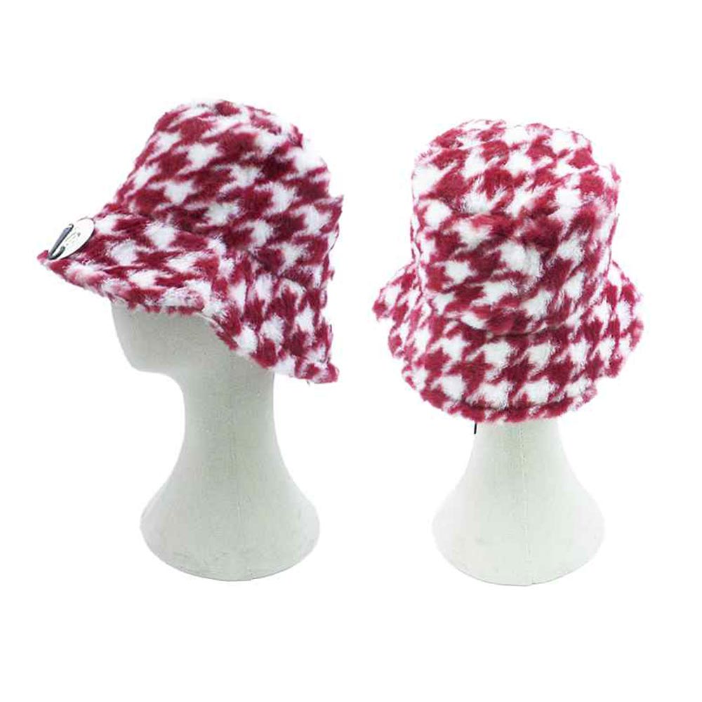 HATEGORY Houndstooth Patterned Faux Fur Bucket Hat