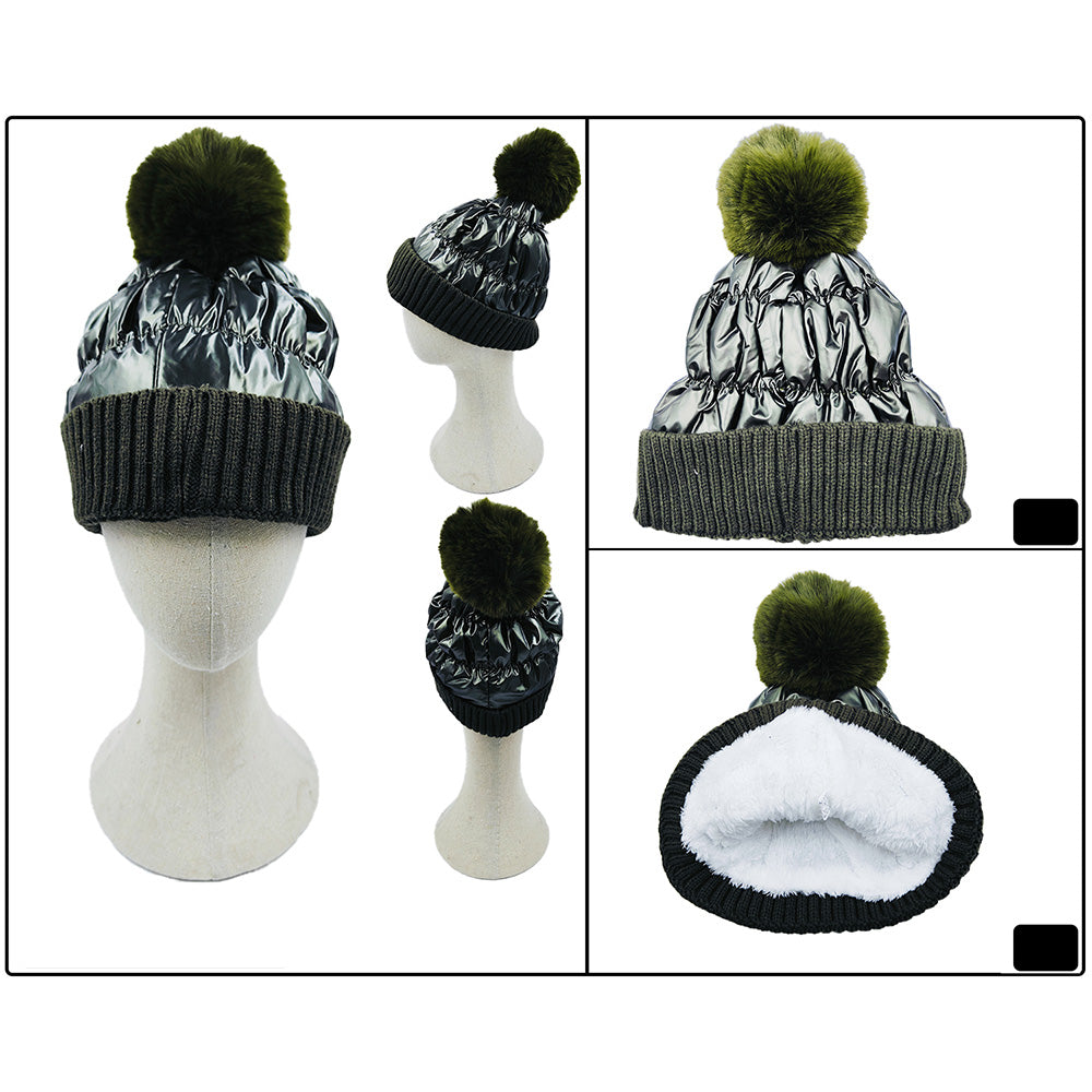 HATEGORY Fleece Lining Puffer Knit Pom Pom Beanie Hat