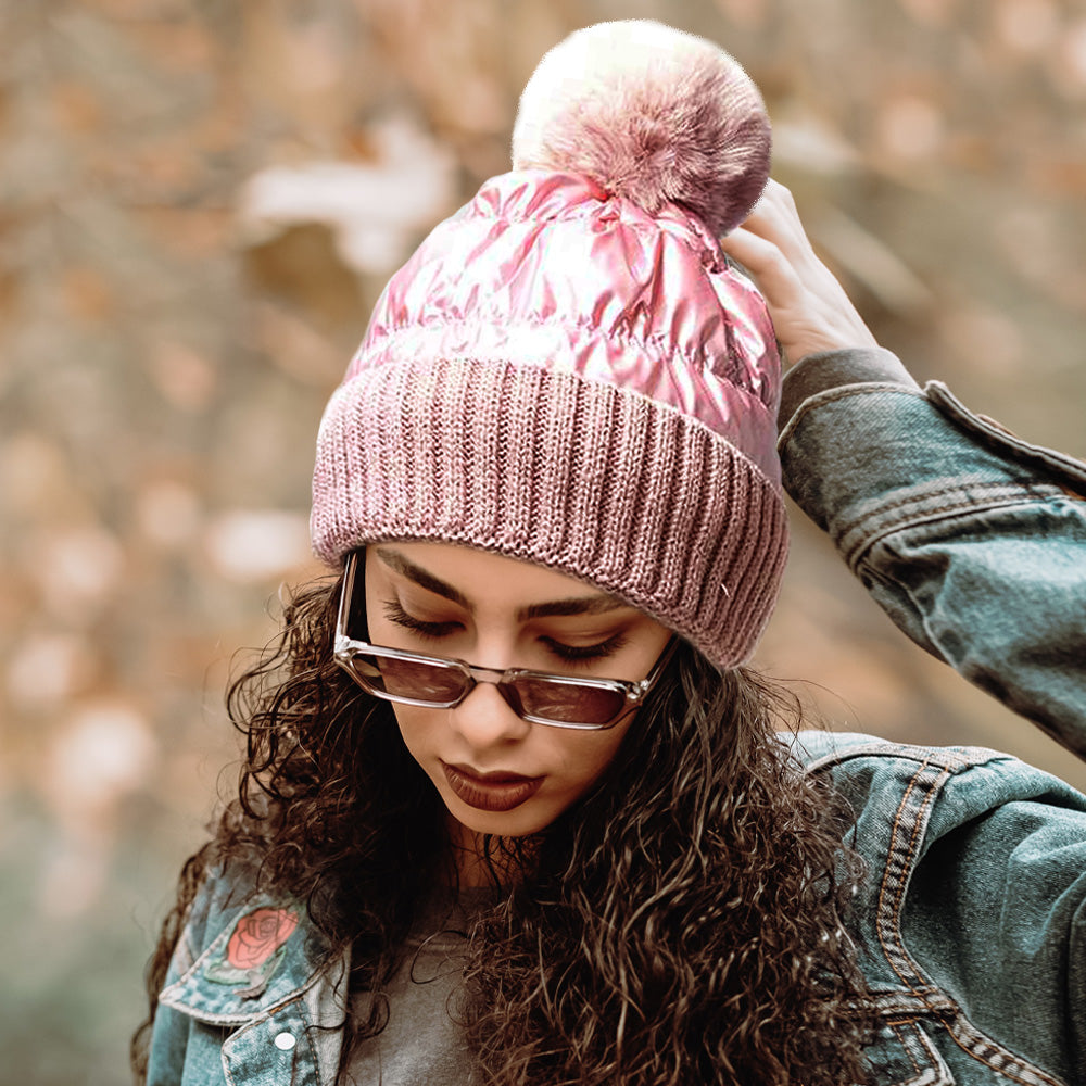 HATEGORY Fleece Lining Puffer Knit Pom Pom Beanie Hat