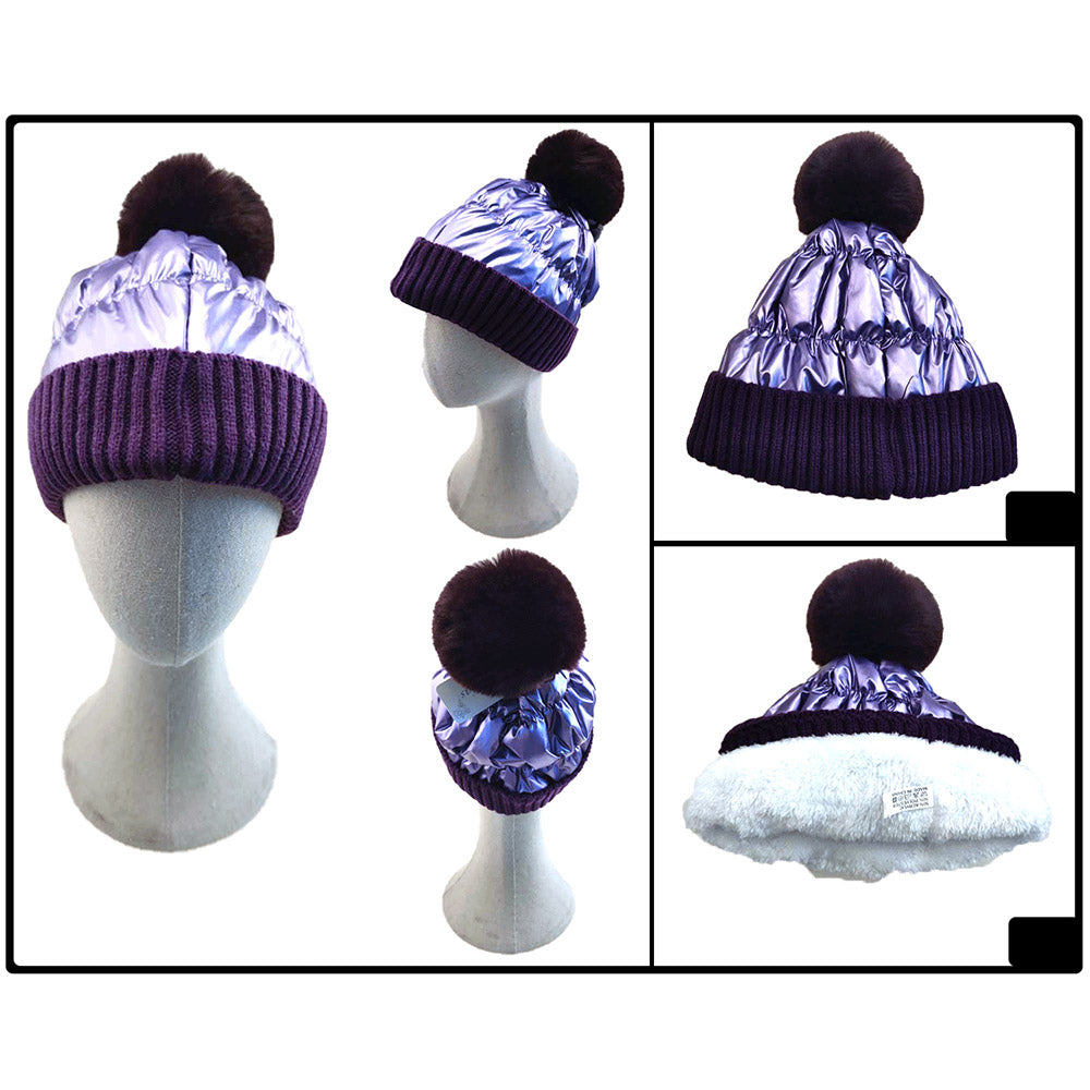 HATEGORY Fleece Lining Puffer Knit Pom Pom Beanie Hat