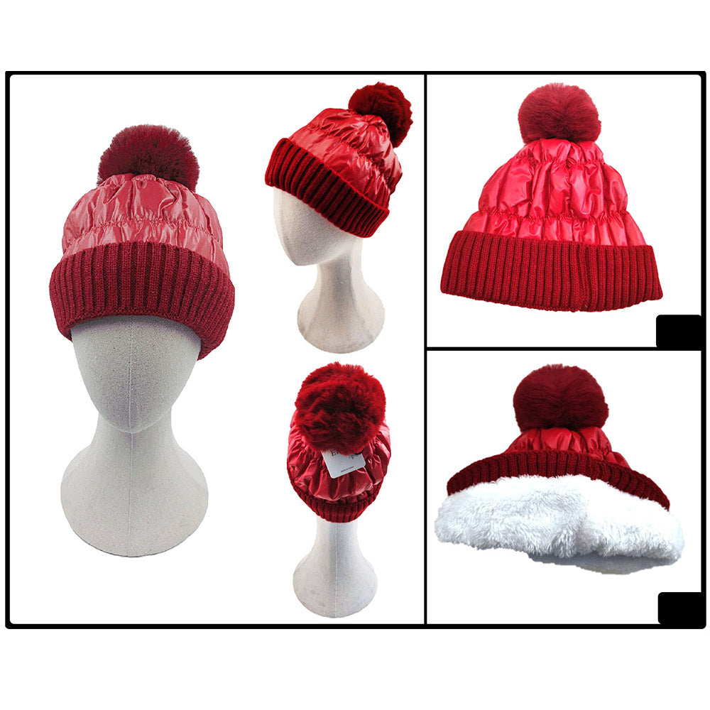 HATEGORY Fleece Lining Puffer Knit Pom Pom Beanie Hat