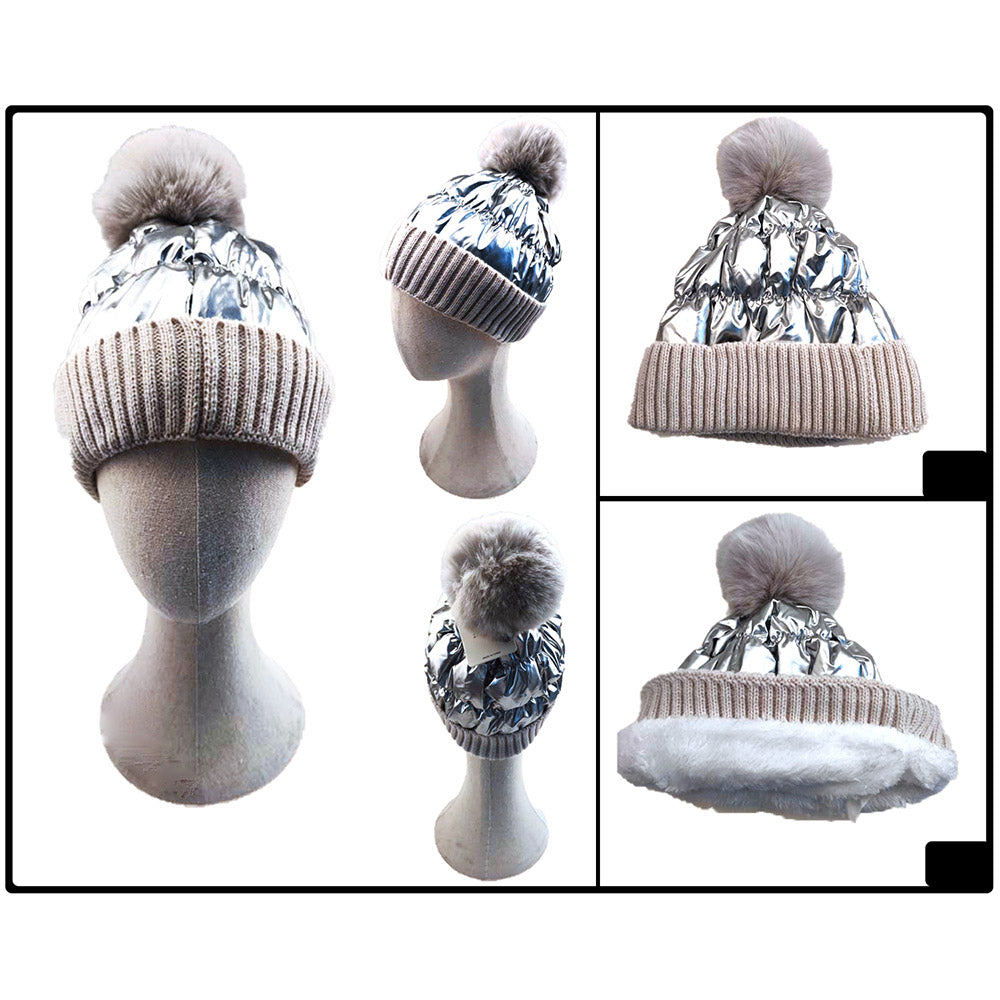 HATEGORY Fleece Lining Puffer Knit Pom Pom Beanie Hat