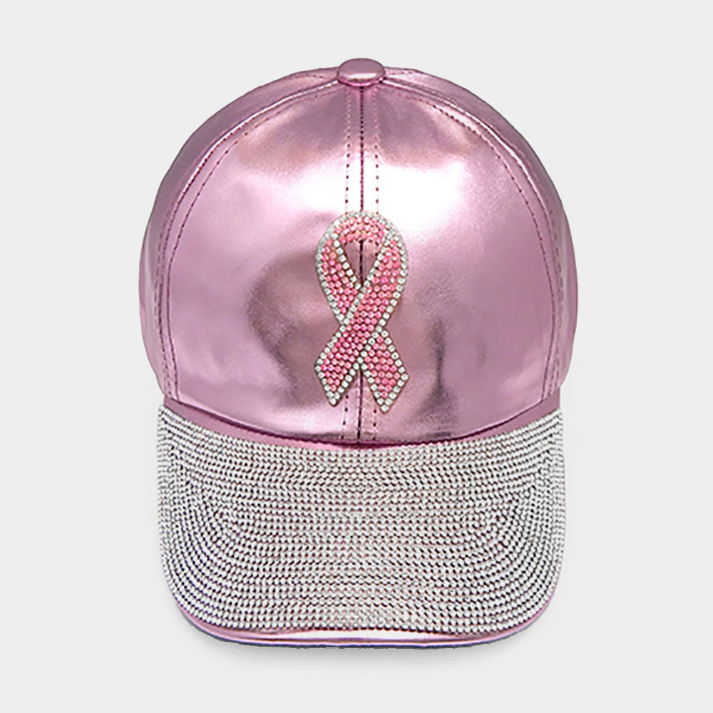 HATEGORY Pink Ribbon Accented Rhinestone Embellished Baseball Cap