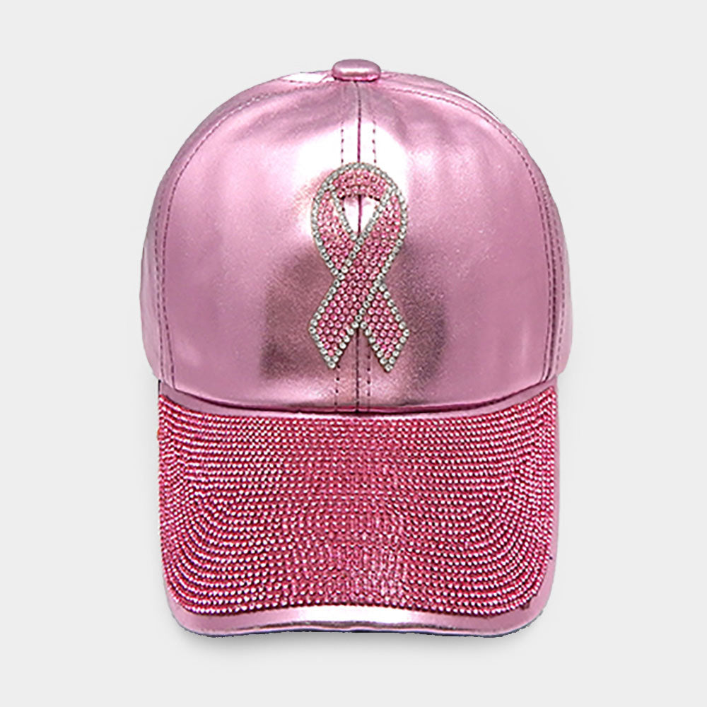 HATEGORY Pink Ribbon Accented Rhinestone Embellished Baseball Cap