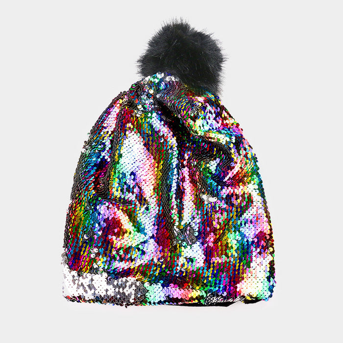 HATEGORY One Side Reversible Sequin Faux Pom Pom Beanie Hat