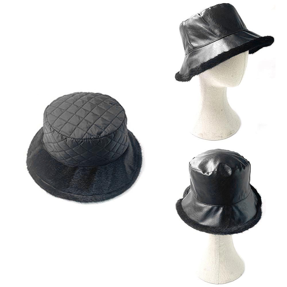 HATEGORY Faux Fur Inside Brim Solid Bucket Hat