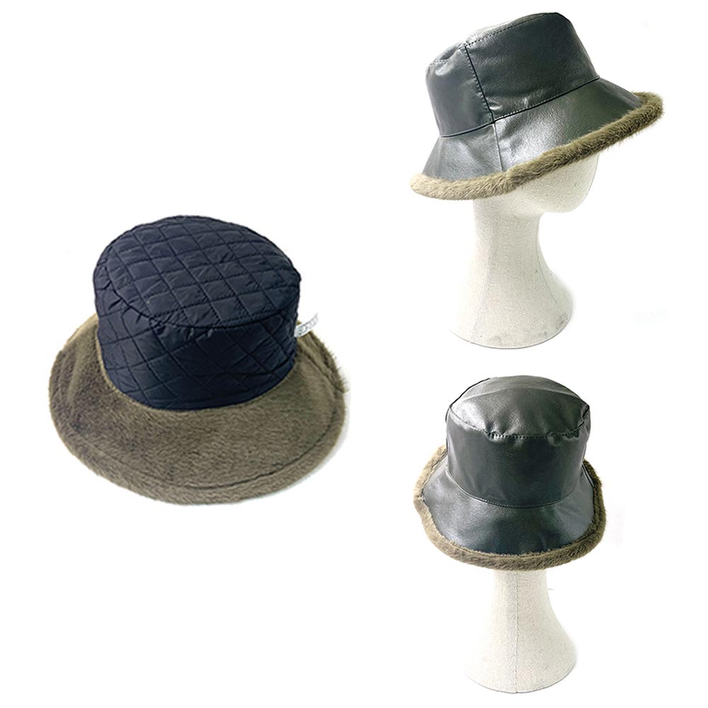 HATEGORY Faux Fur Inside Brim Solid Bucket Hat