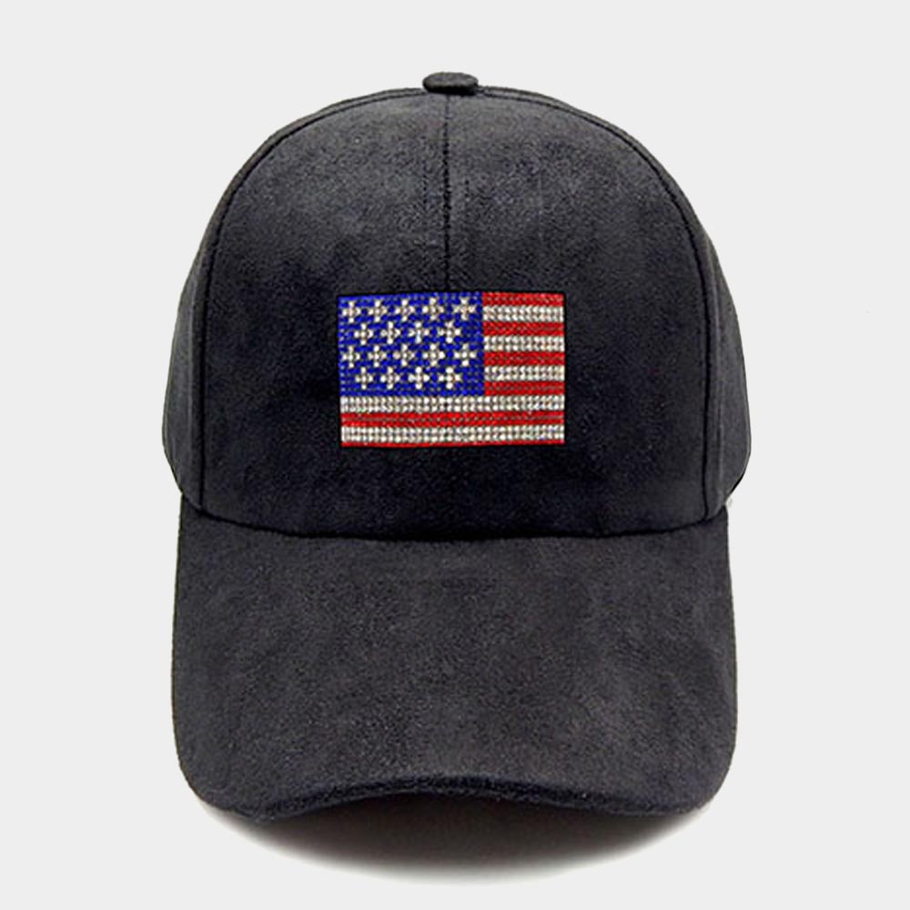 HATEGORY Bling American USA Flag Suede Baseball Cap