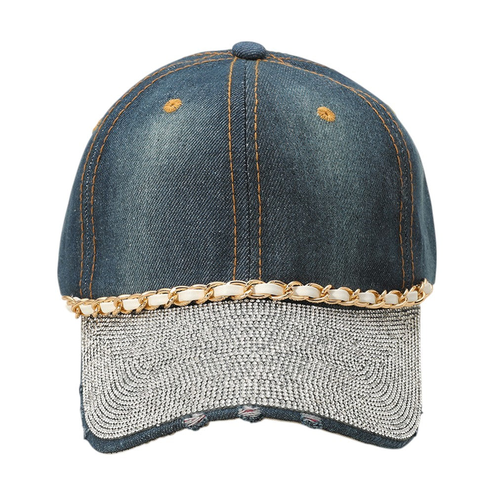 HATEGORY Chain Detail Bling Studded Brim Denim Vintage Baseball Cap