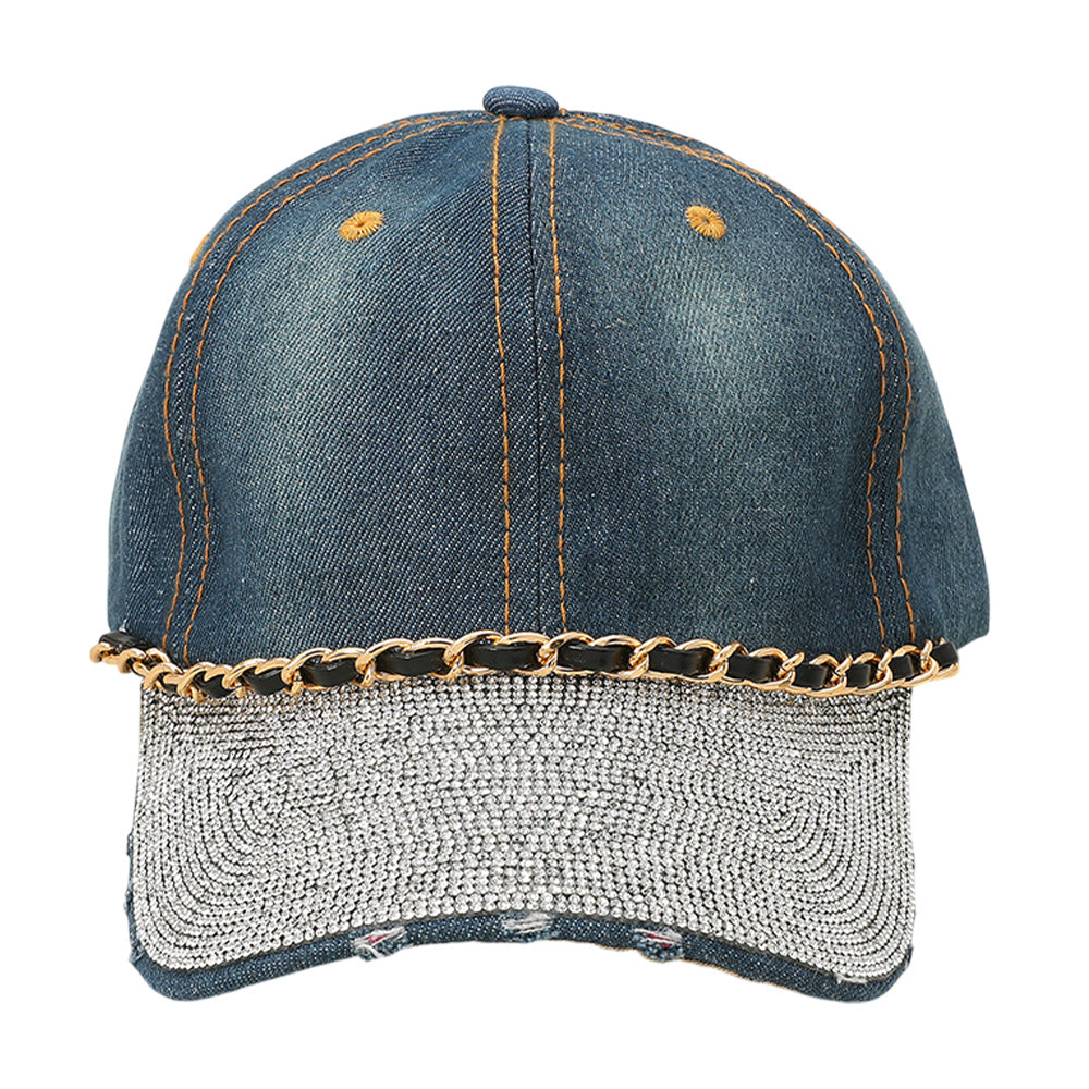 HATEGORY Chain Detail Bling Studded Brim Denim Vintage Baseball Cap