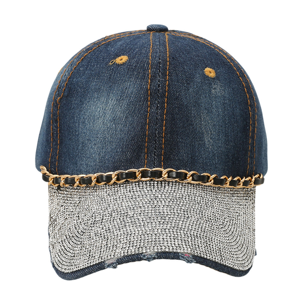 HATEGORY Chain Detail Bling Studded Brim Denim Vintage Baseball Cap