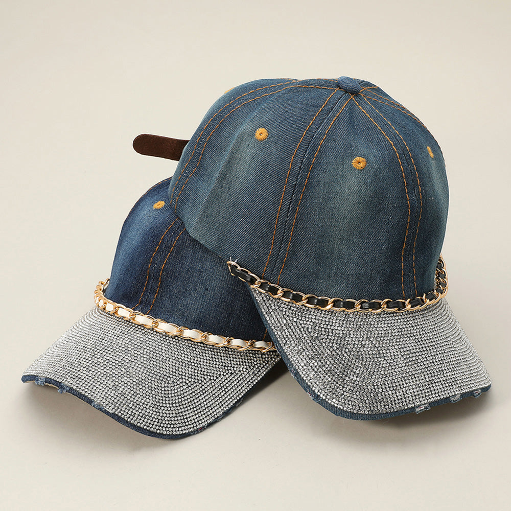 HATEGORY Chain Detail Bling Studded Brim Denim Vintage Baseball Cap