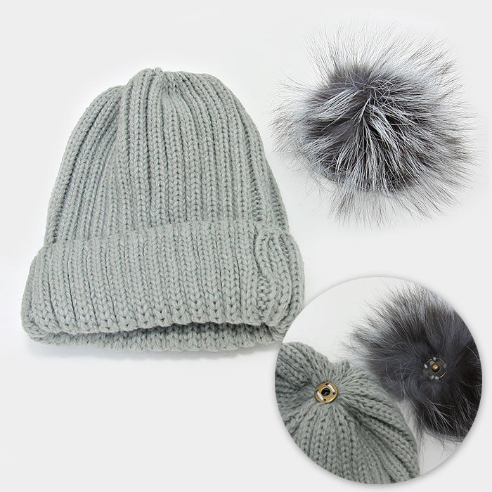HATEGORY Detachable Genuine Fox Fur Pom Pom Fold Over Knit Beanie Hat