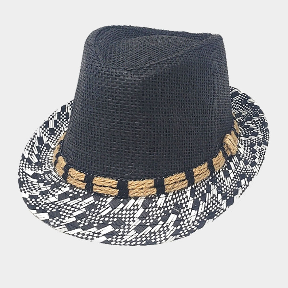 HATEGORY Two Tone Patterned Detail Straw Fedora Hat