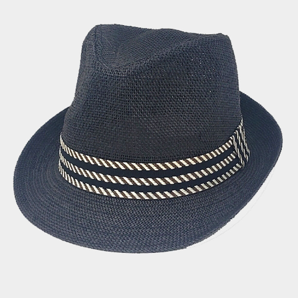 HATEGORY Patterned Band Accented Solid Straw Fedora Hat