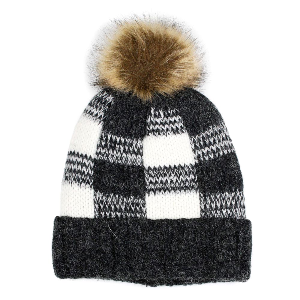 HATEGORY Buffalo Check Pattern Faux Pom Pom Knit Beanie Hat